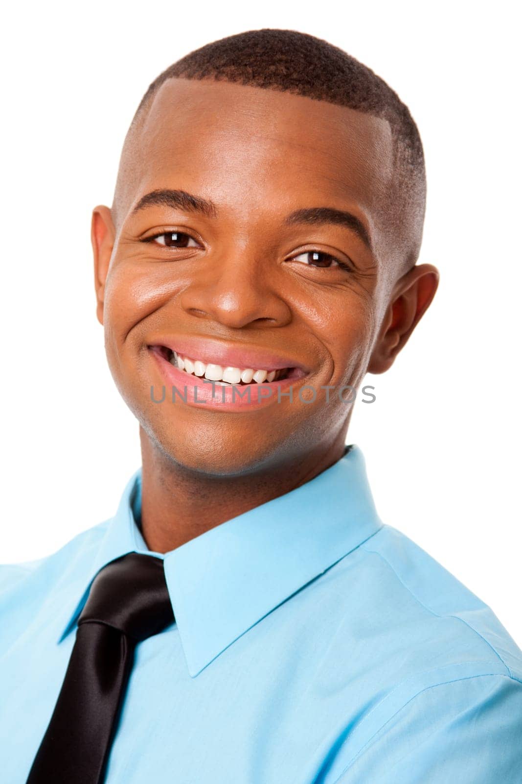 Face of handsome happy smiling young male corporate MBA business student in blue shirt and black tie, isolated.
