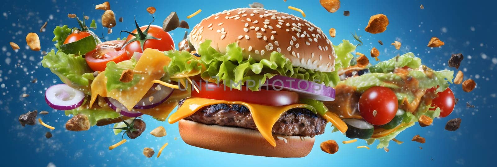 hamburger flying on blue background. Neural network generated in May 2023. Not based on any actual scene or pattern.