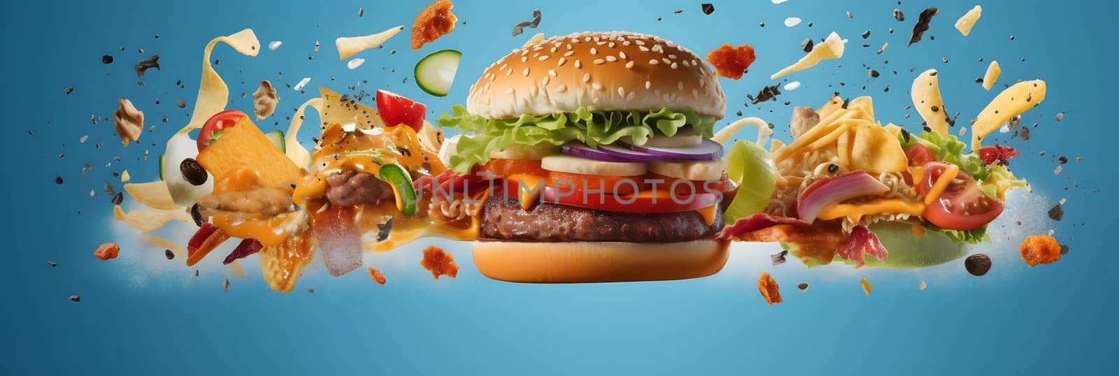 hamburger flying on blue background, neural network generated photorealistic image by z1b
