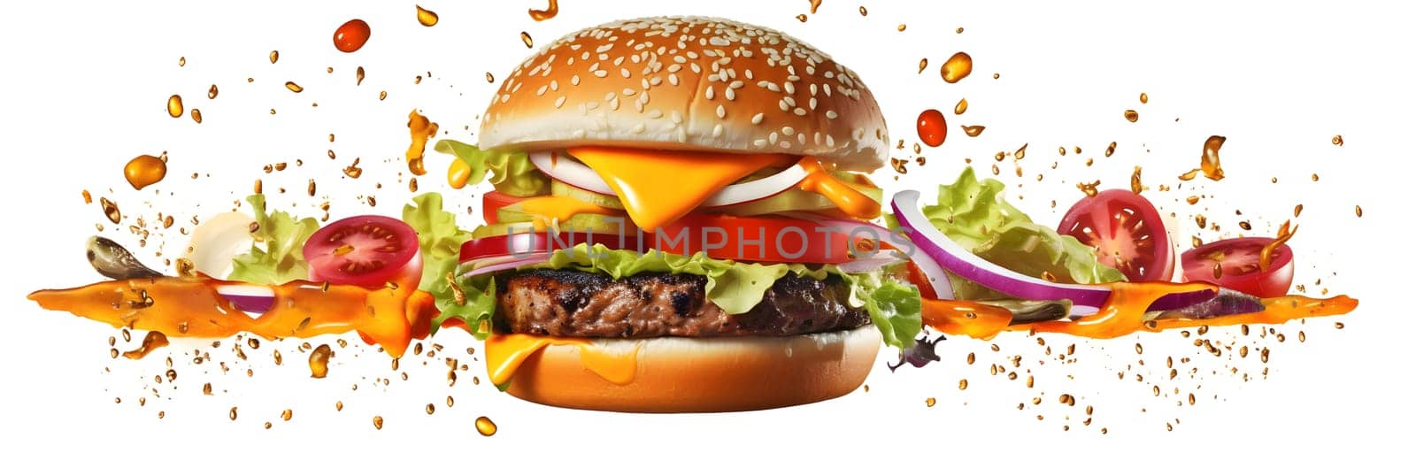 hamburger flying on white background. Neural network generated in May 2023. Not based on any actual scene or pattern.