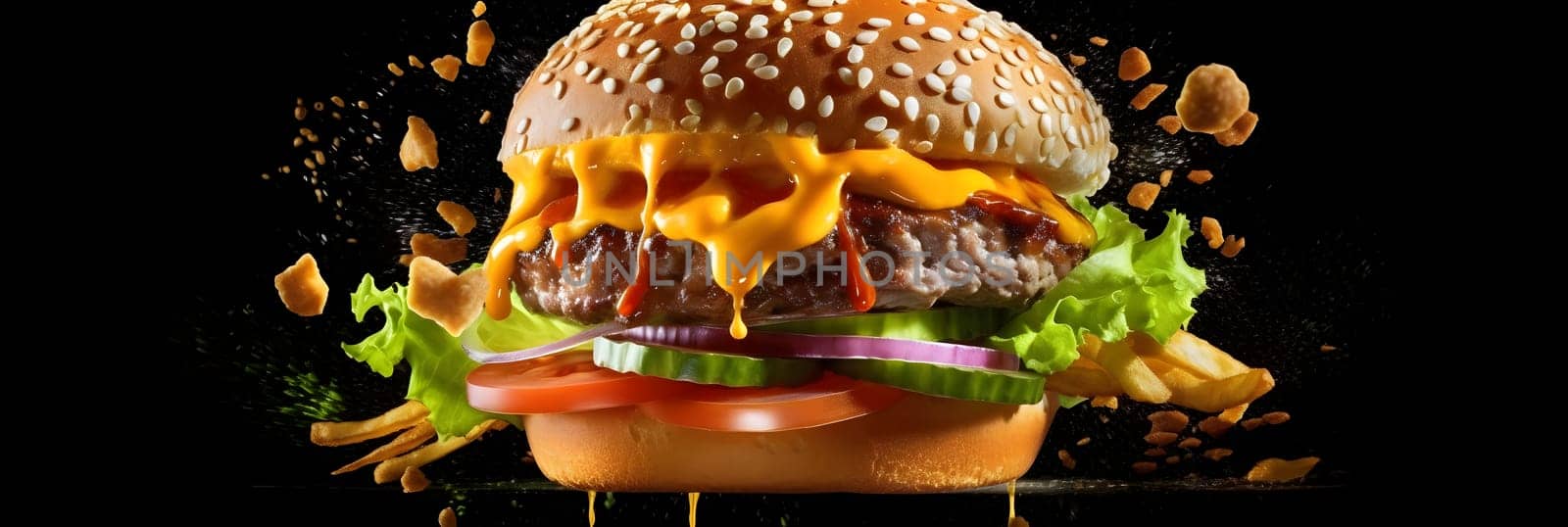 hamburger flying on black background, neural network generated photorealistic image by z1b