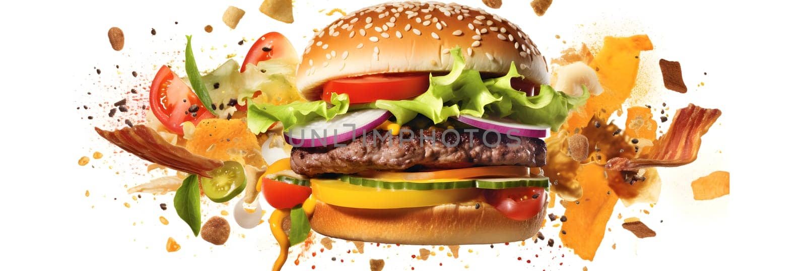 hamburger flying on white background. Neural network generated in May 2023. Not based on any actual scene or pattern.