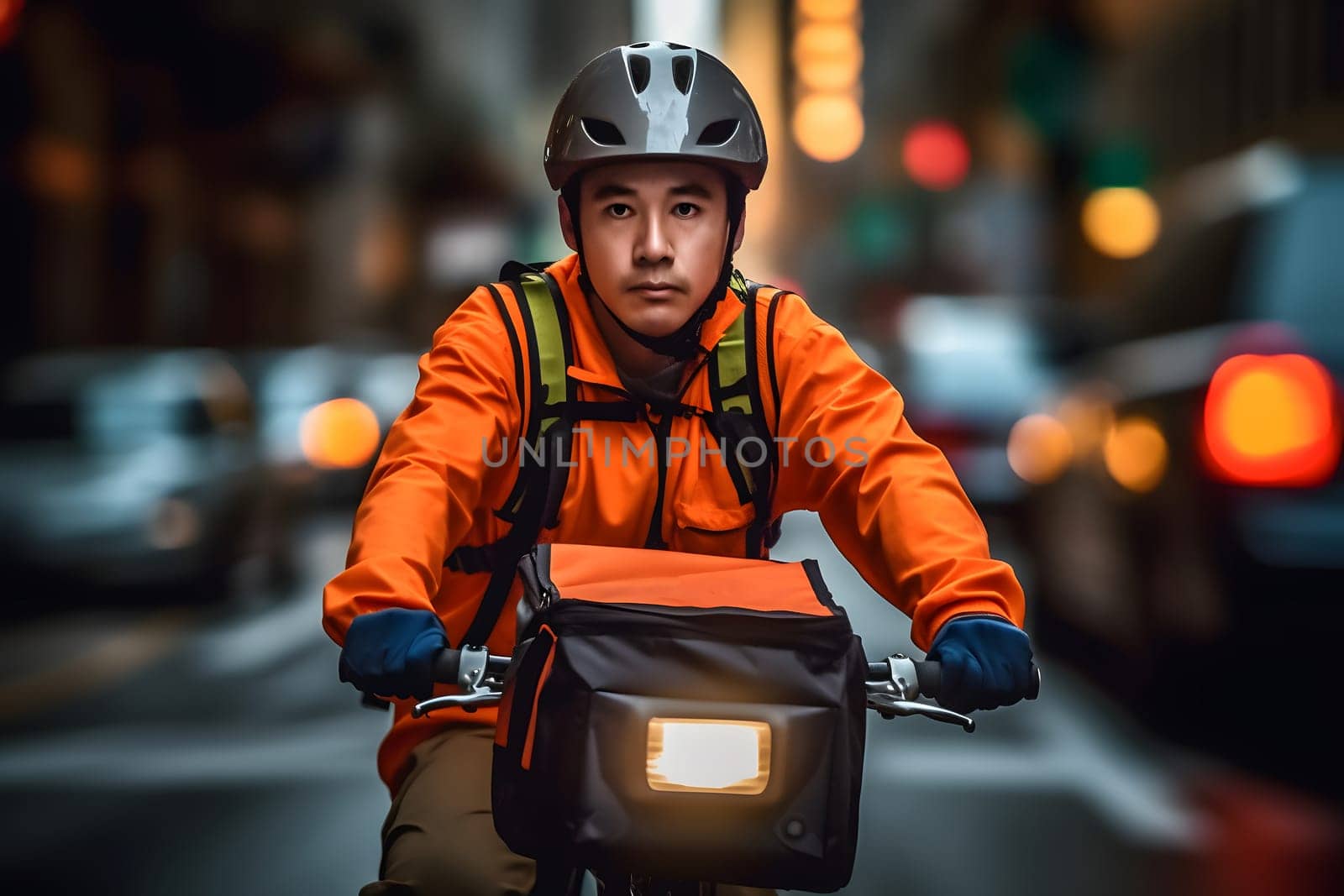 A food delivery asian man riding a bike, wearing a bright orange delivery uniform in the busy city streets at day time. Neural network generated in May 2023. Not based on any actual person or scene.