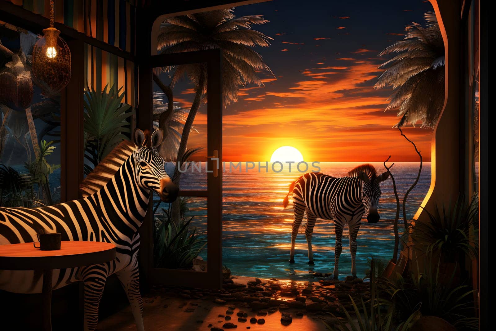 another reality, neural network generated art with zebras at evening cafe blended with sunset beach by z1b