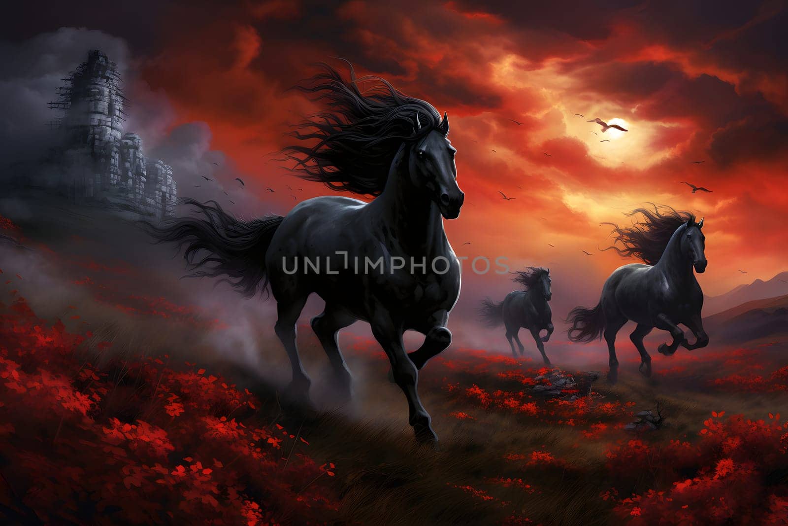 Dark horses running in a gloomy red field of flowers, in front of castle with dramatic clouds in sunset sky. Neural network generated image. Not based on any actual person, scene or pattern.
