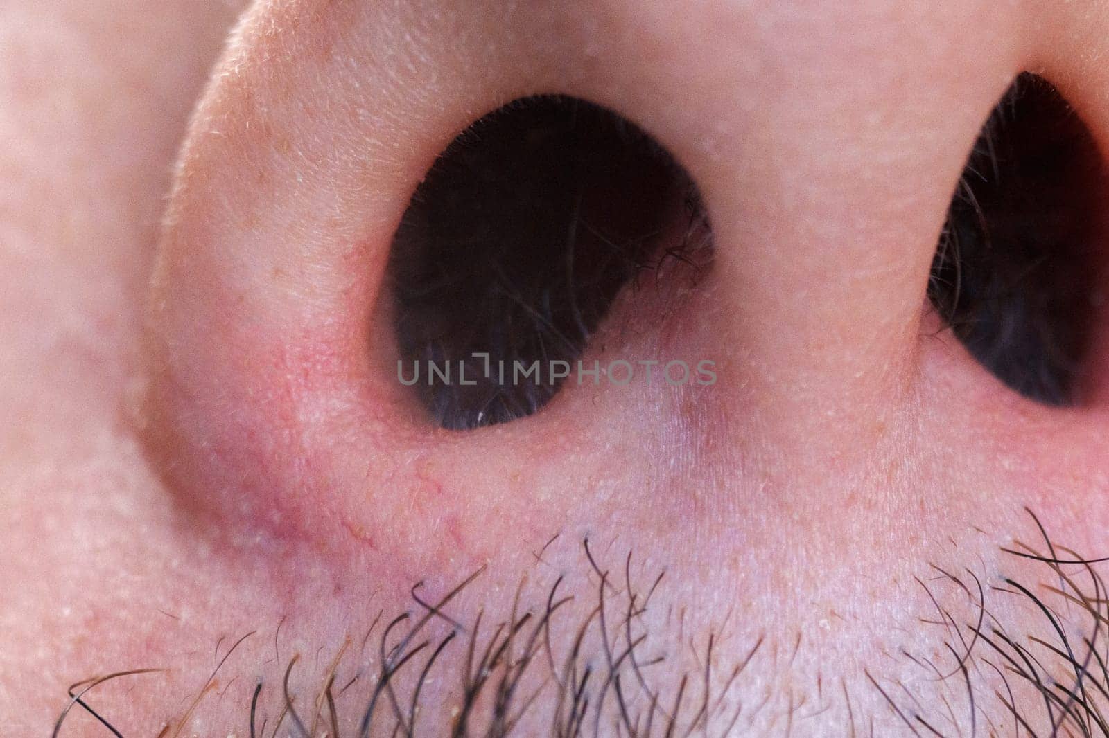 Close up of nostrils and hair in the male nose bottom view. Selective focus
