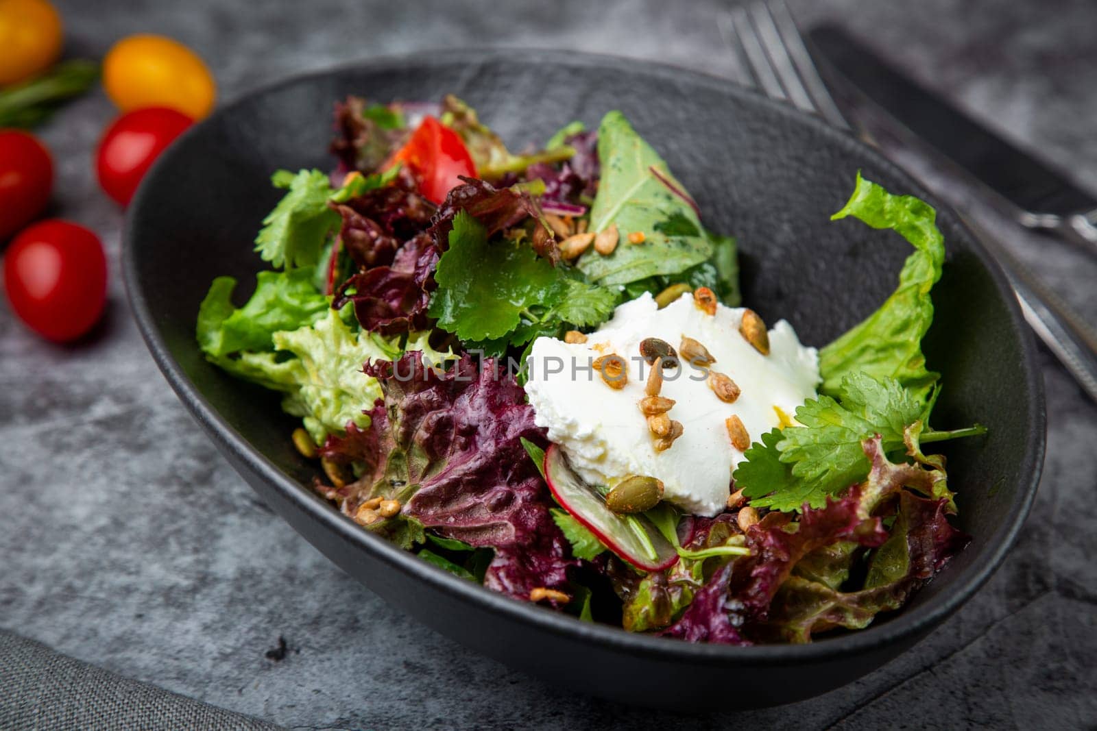 salad with lettuce, radishes, tomatoes, parsley, seeds and cheese side view by tewolf