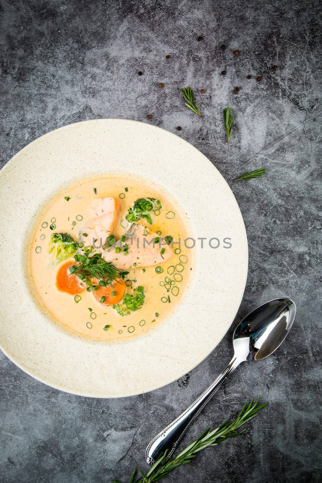 fish soup with green onions, carrots and broccoli top view by tewolf
