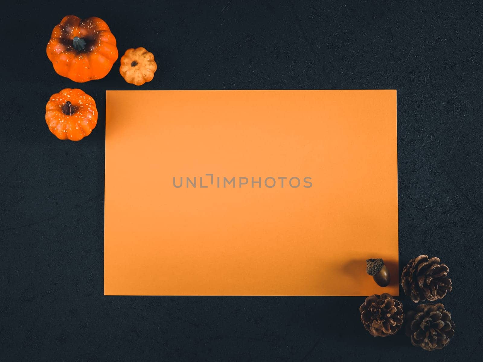 One orange empty leaf lie horizontally in the middle on a black background with decorative pumpkins and pine cones on the sides. Flat lay close up.