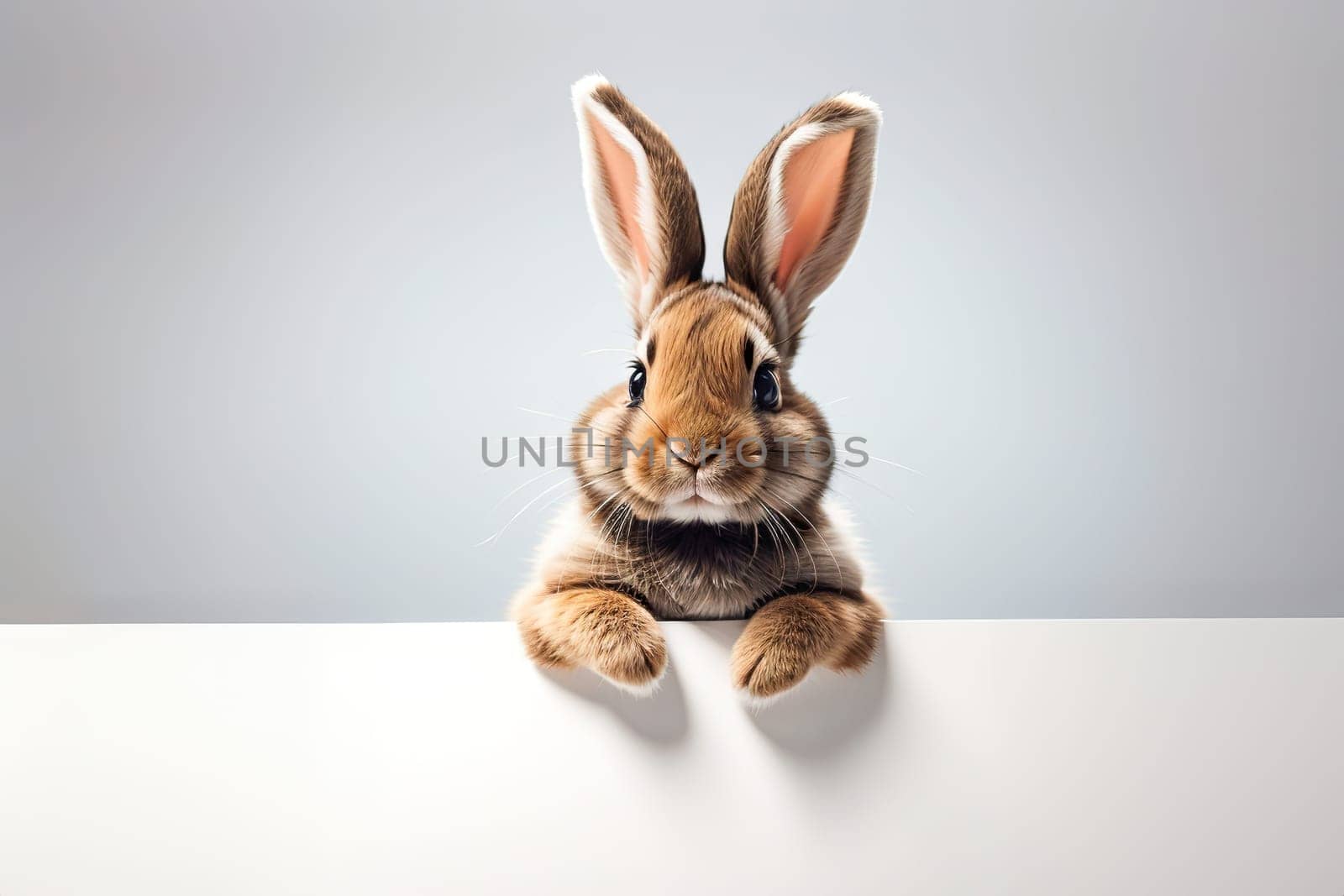 Fluffy rabbit looks at the sign. Easter Bunny. Rabbit for advertising