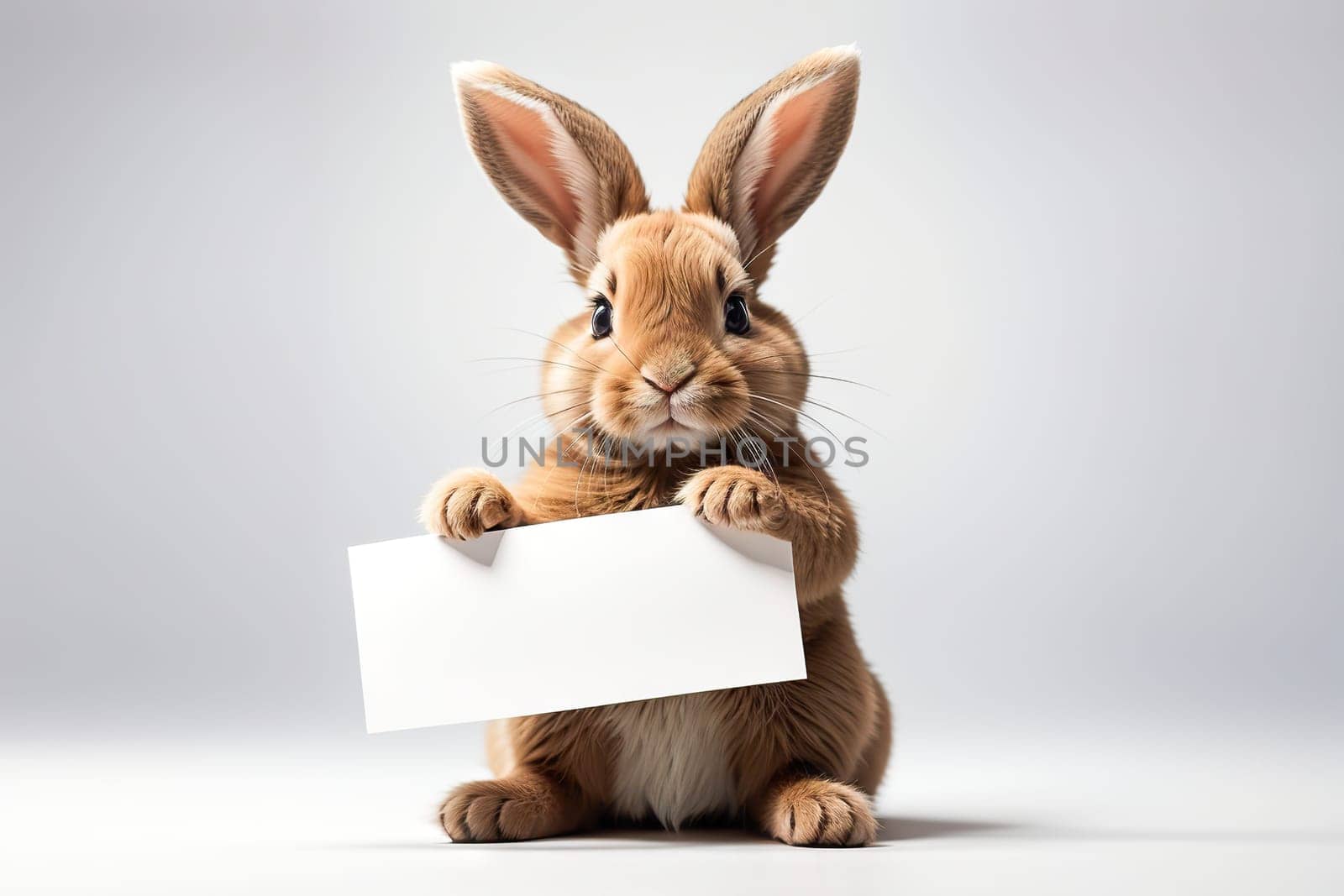 Fluffy rabbit looks at the sign. Easter Bunny. Rabbit for advertising. by EkaterinaPereslavtseva