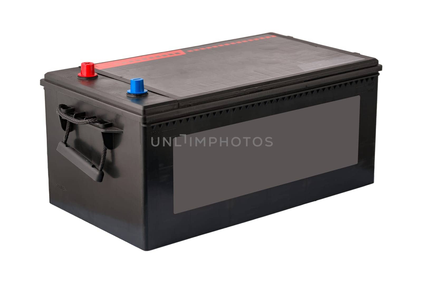 black car battery closeup on a white background