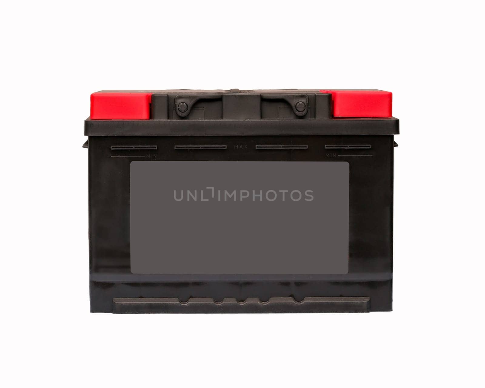 black car battery closeup on a white background, front view by A_Karim