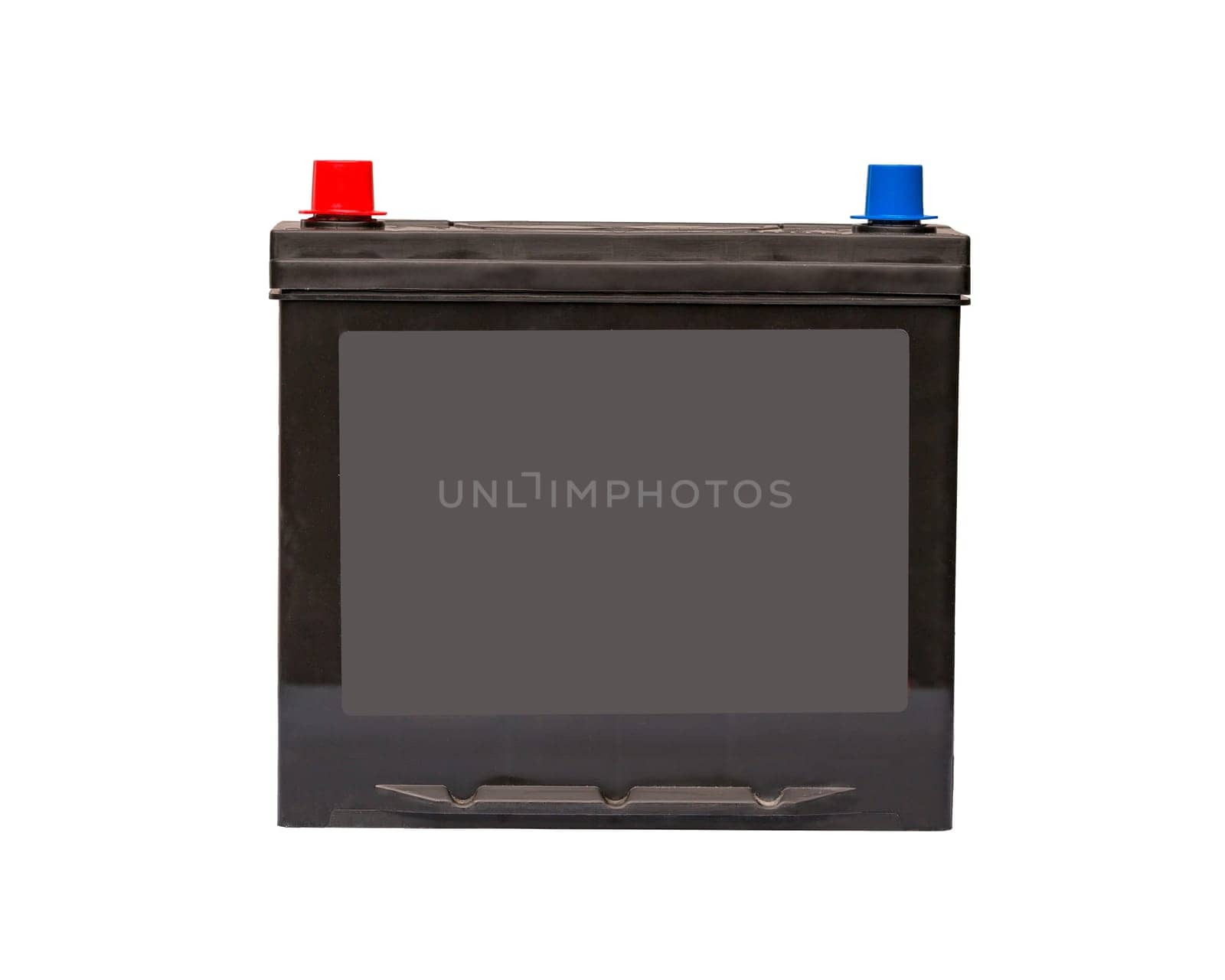 black car battery closeup on a white background, front view