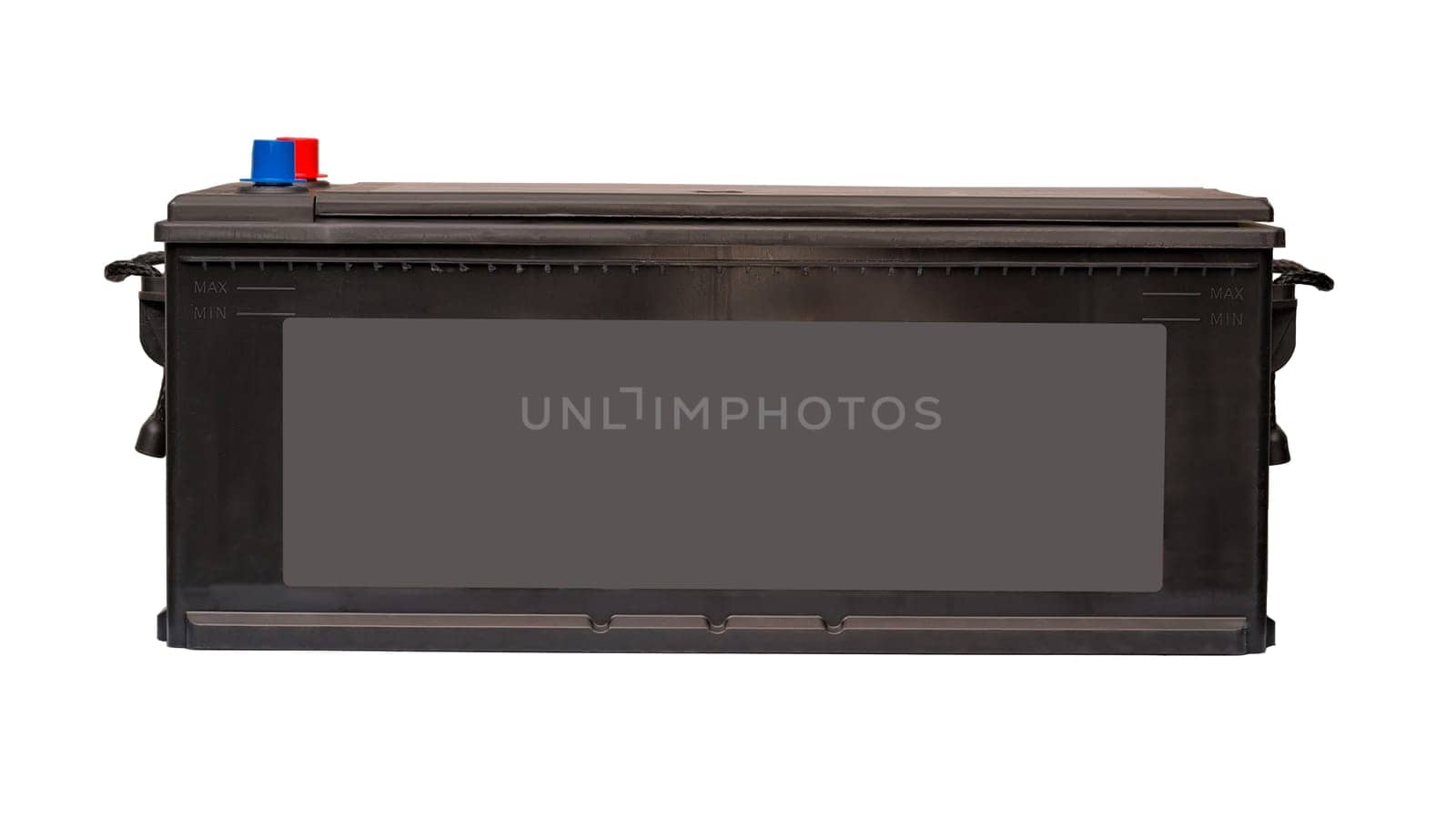 black car battery closeup on a white background, front view