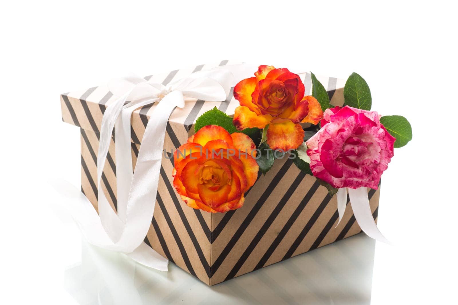 gift box with ribbons and beautiful roses inside, isolated on a white background.