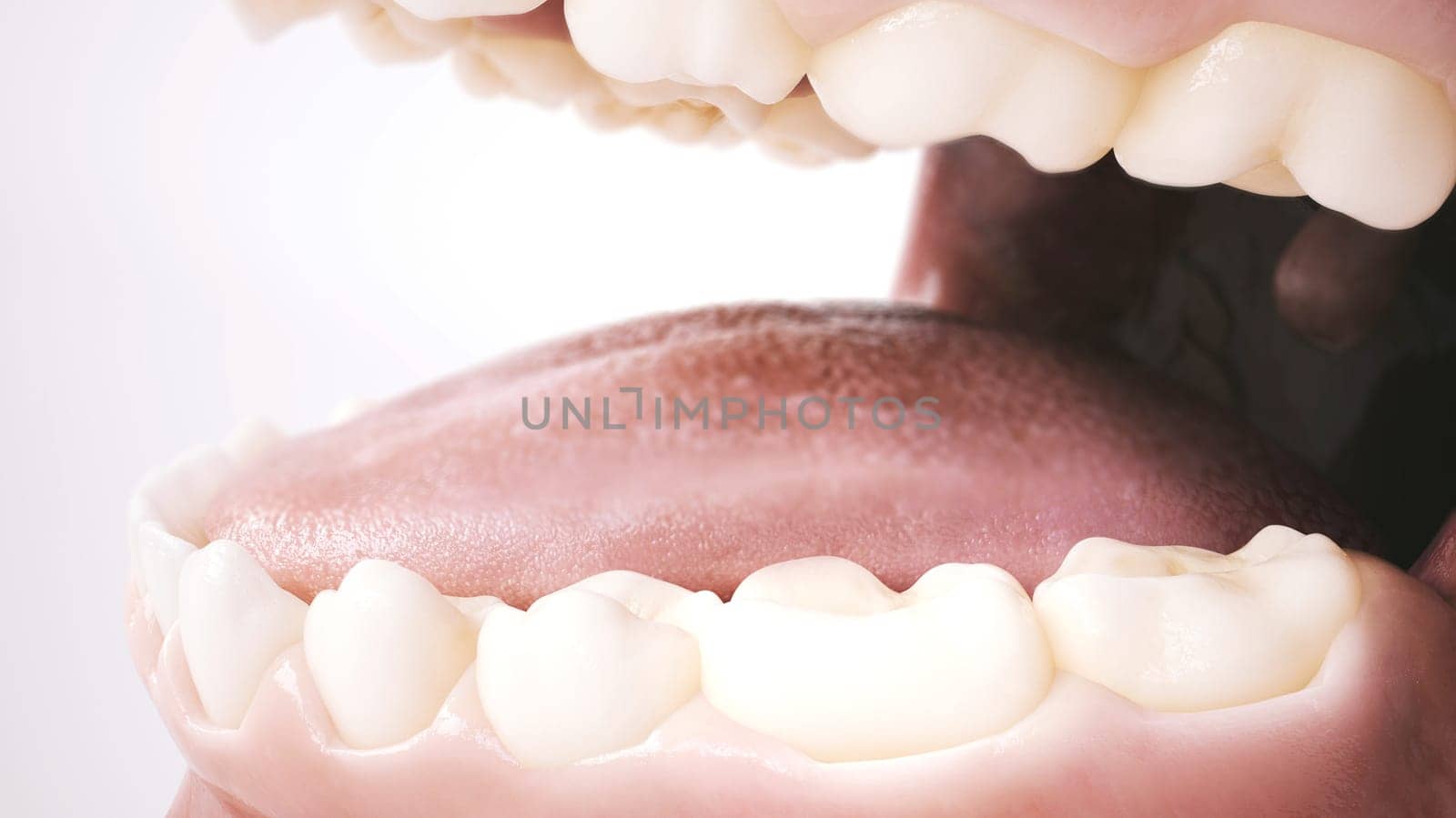 This image provides a detailed close-up of a human mouth, prominently highlighting a section of teeth. The incisors and molars, along with the soft pink gums, are depicted in great detail, emphasizing oral health. However, what stands out most is a noticeable gap between the teeth, indicating a missing tooth. This serves as a visual representation of the first part in a series, capturing the initial stage before any dental corrective procedures, such as the introduction of an implant.