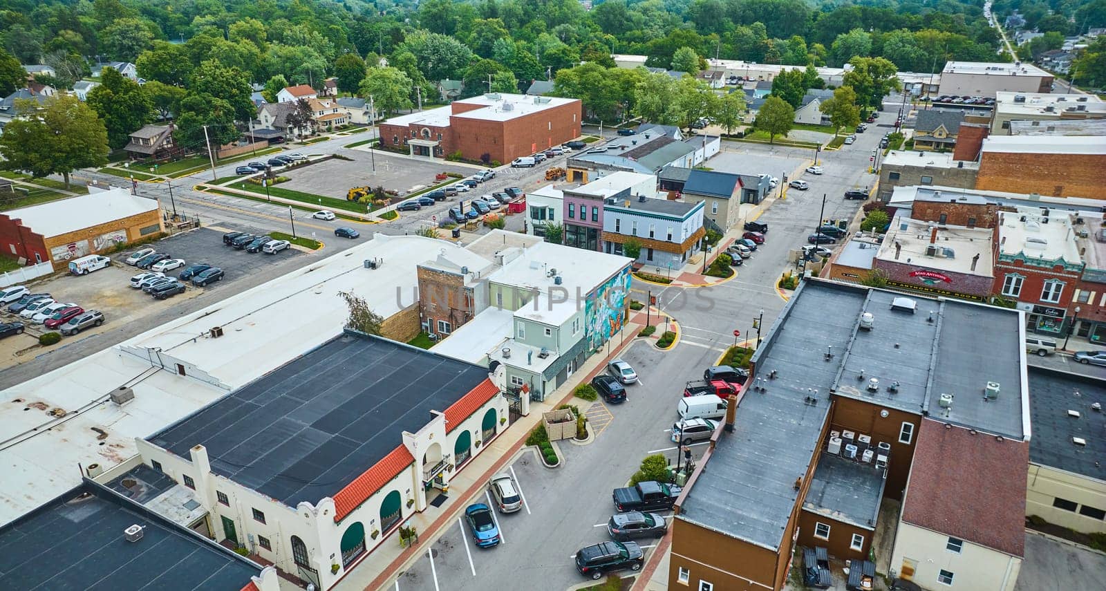 Image of Aerial downtown Auburn Indiana with shop buildings