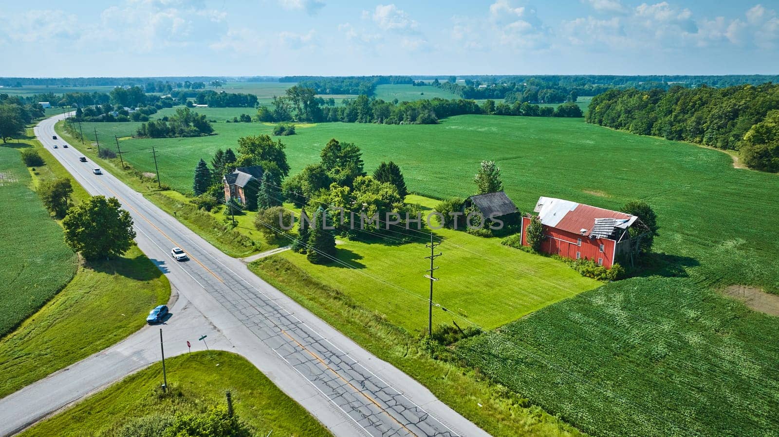 Image of Aerial farmland with road beside it and two decaying barns with soybean crops growing