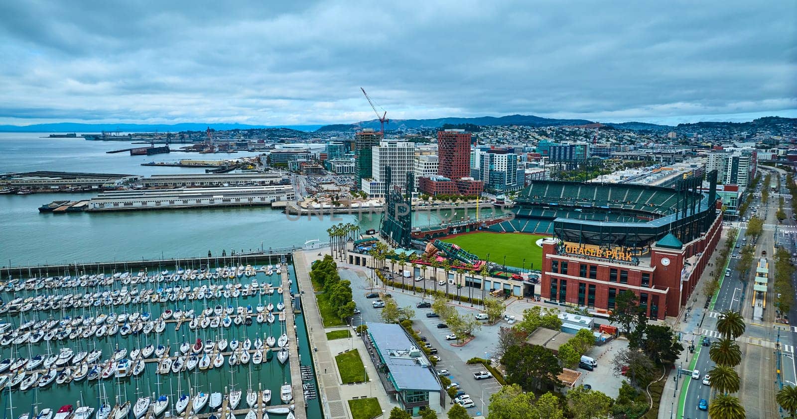 Image of Aerial South Beach Harbor and Oracle Park baseball diamond in front of Mission Bay