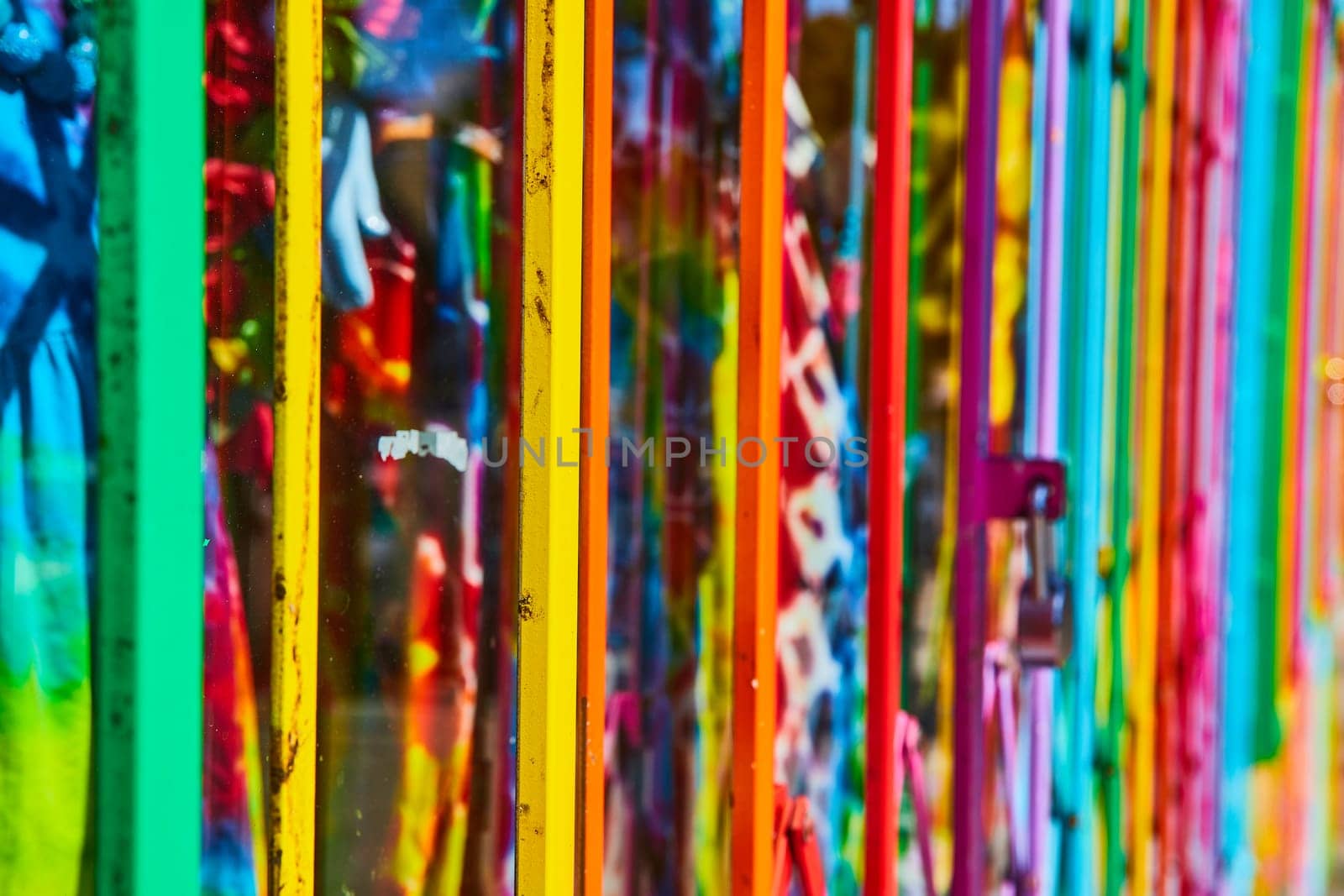 Image of Abstract view of colorful metal beams in rainbow pride array side view of padlocked gate