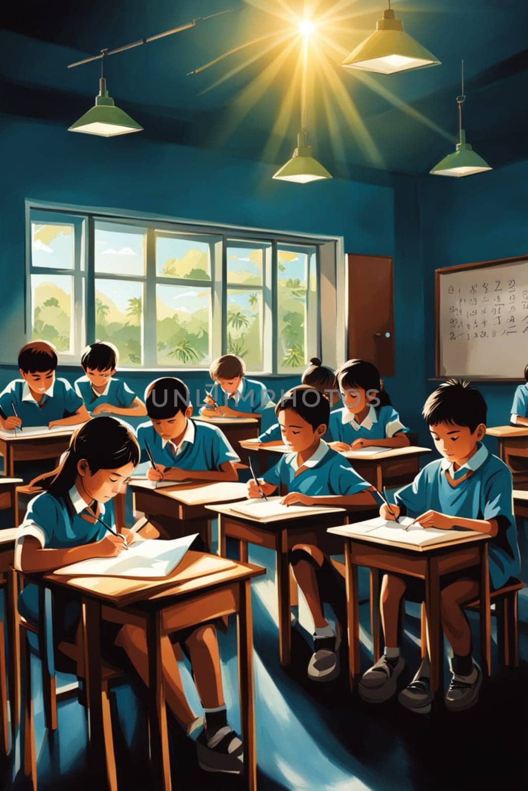 students and pupil in lesson at school in a classroom, bright dayligh, in uniform illustration generative ai art