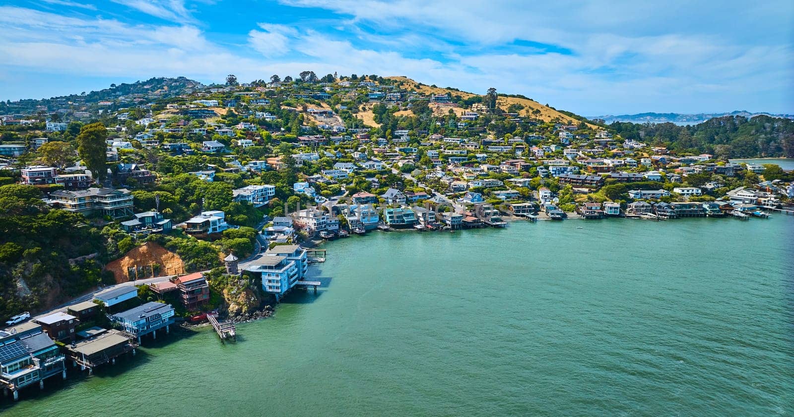 Image of Lyford Cove around Tiburon city with houses on hillside wide aerial view