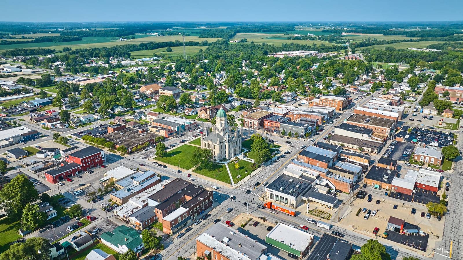 Image of Aerial view of Columbia City with Whitley County Courthouse in center of downtown