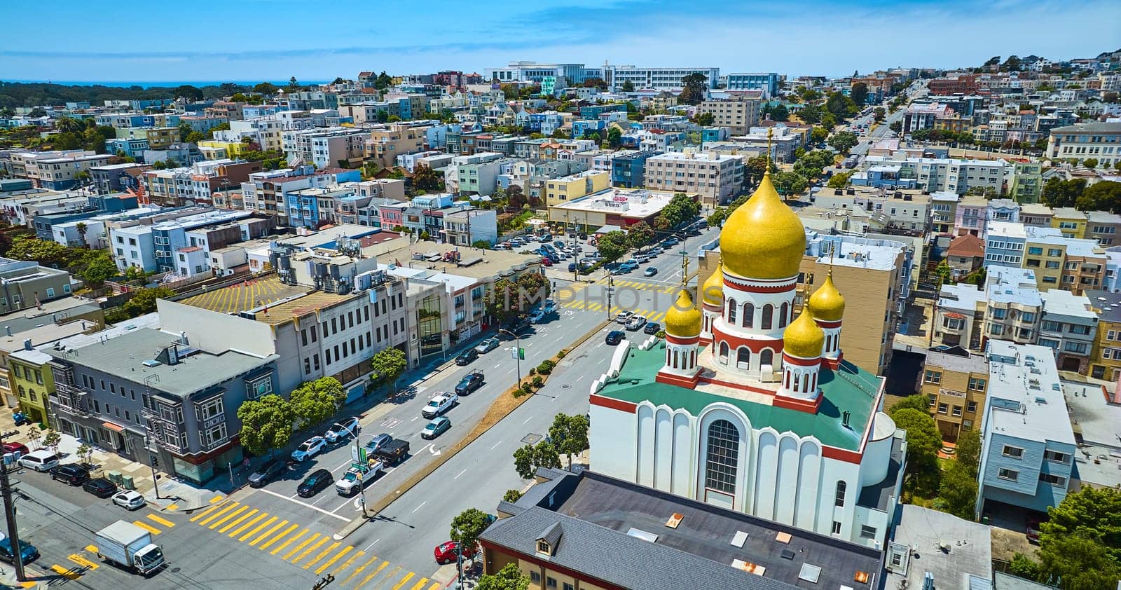 Image of Aerial Russian orthodox church Holy Virgin Cathedral with city around it