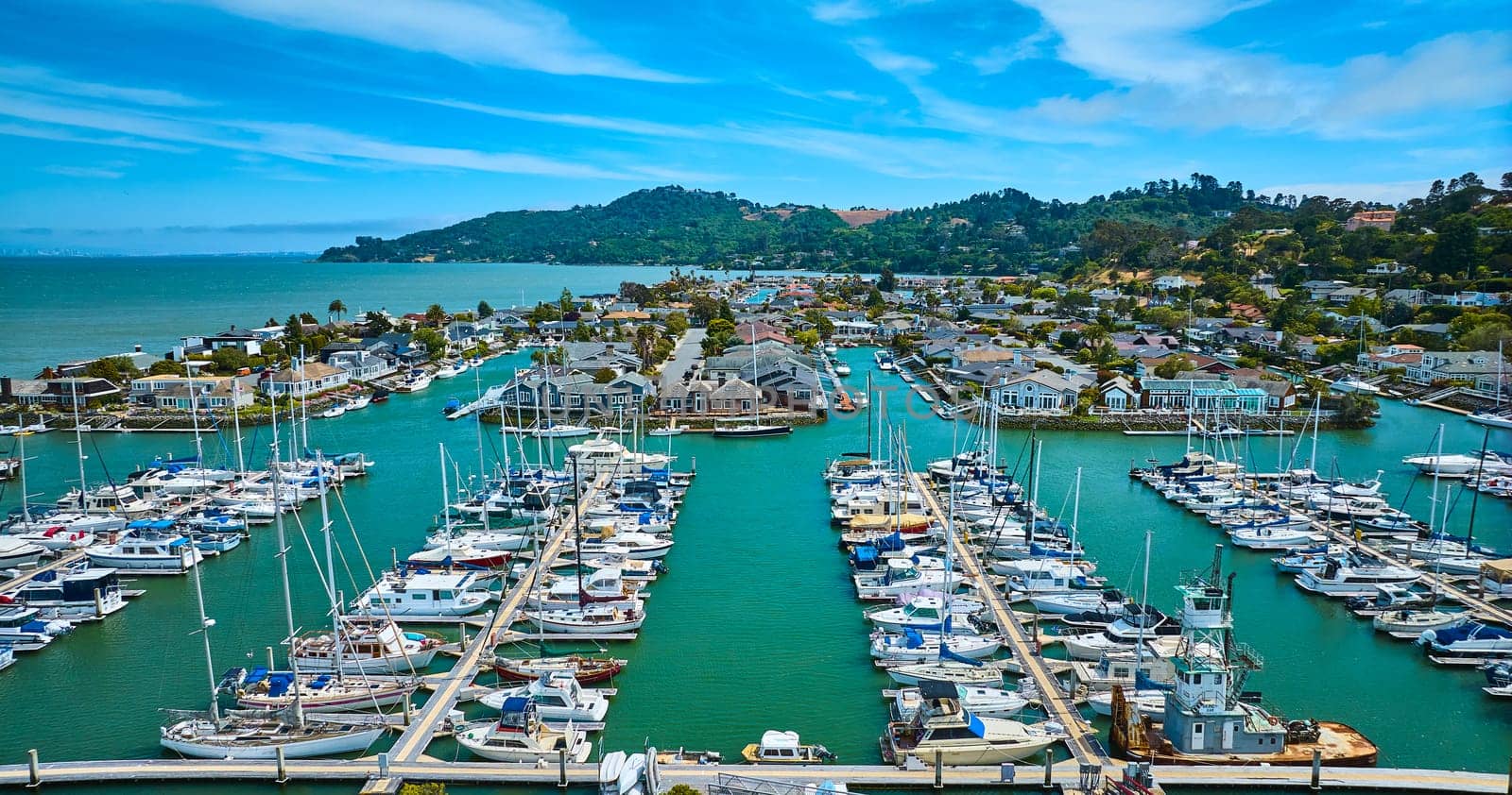 Image of Tiburon Yacht Club boats aerial overlooking Paradise Cay Yacht Harbor with waterfront houses