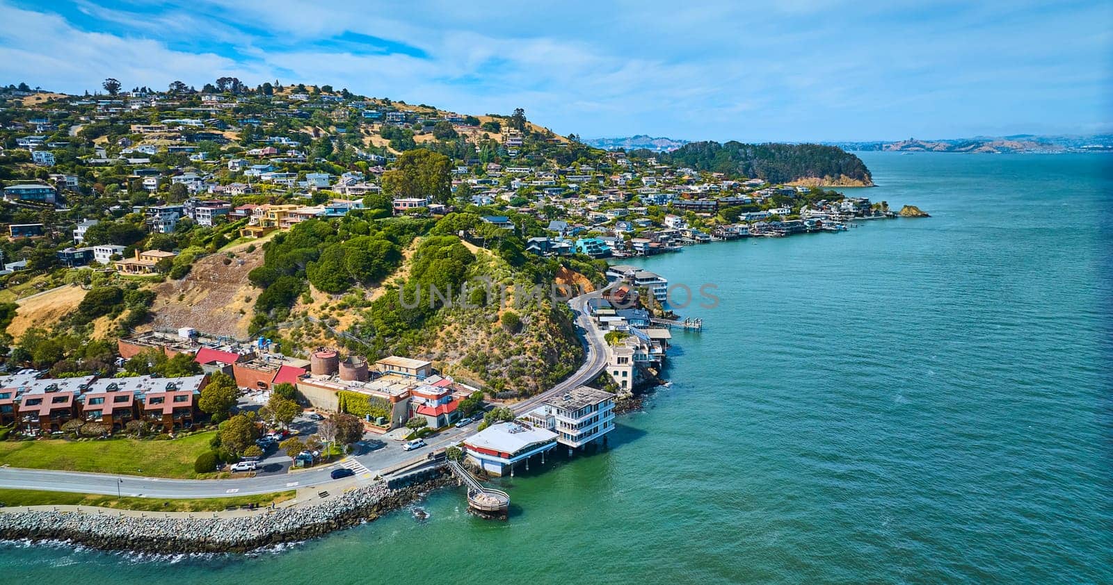 Image of Aerial Tiburon coast with wide view of city and houses around Lyford Cove