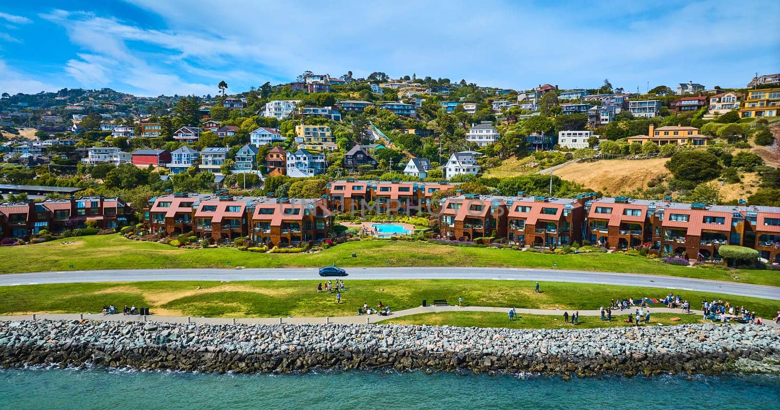 Image of Shoreline Park Tiburon aerial with people along coastline with houses on hillside