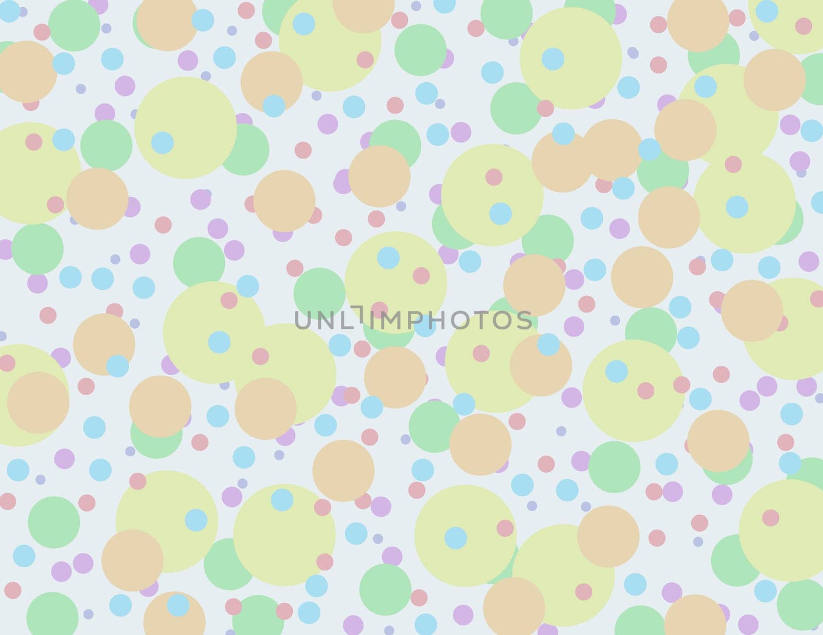 Many circles of various colors and sizes randomly decorate a white background and then all of it is covered with a very light blue layer.