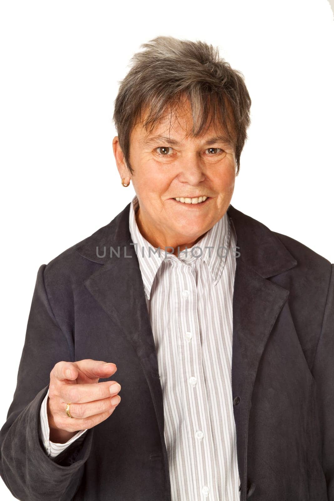 Senior woman - gesture with fingers - isolated on white background