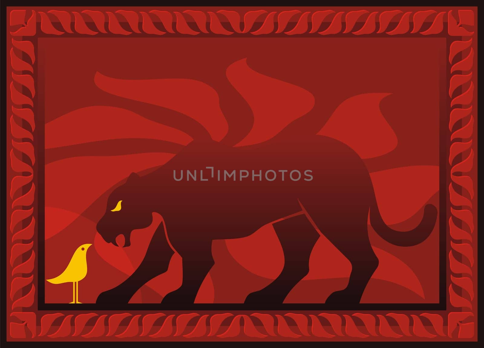 Bird and panther silhouettes on dark red decorative background