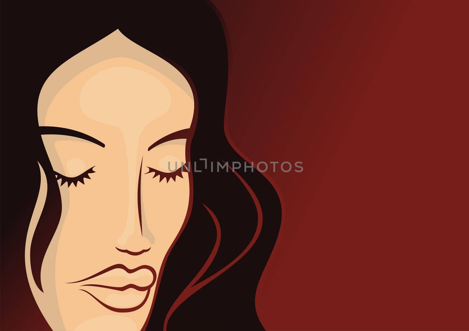 Young woman head with long hair on dark red background