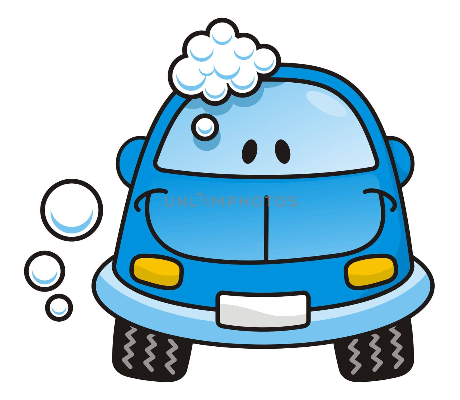 Happy blue cartoon car washing with soap bubbles