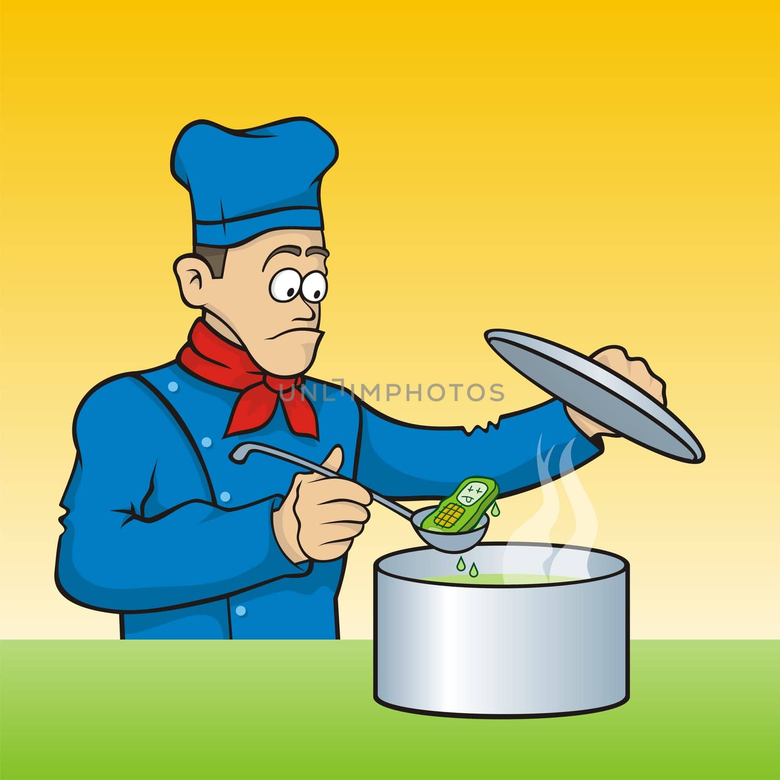 Cartoon of teriffied chef looking cooked mobile phone