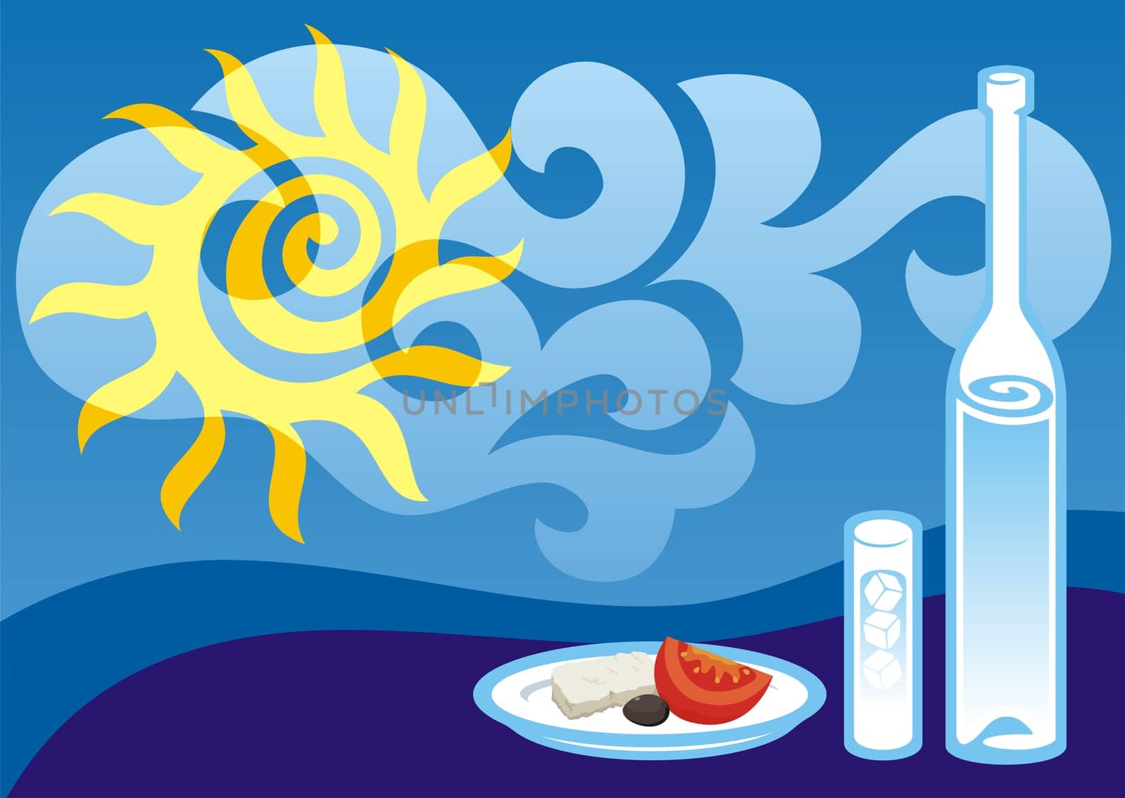 Greek summer background illustration with ouzo bottle and glass