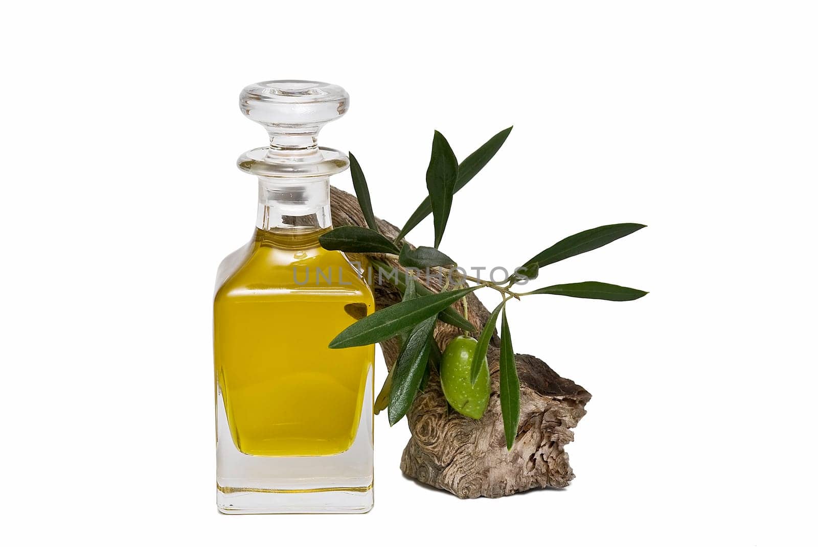 Virgin olive oil and olives isolated on a white background.