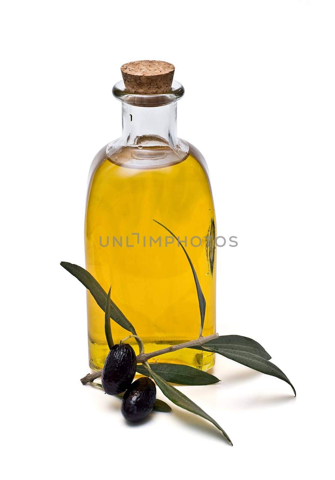 Virgin olive oil and olives isolated on a white background.
