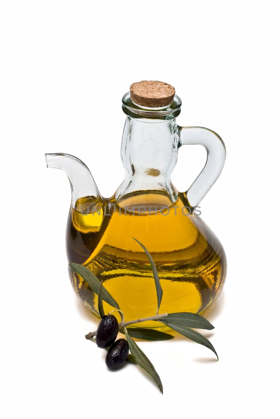 Virgin olive oil and olives isolated on a white background.