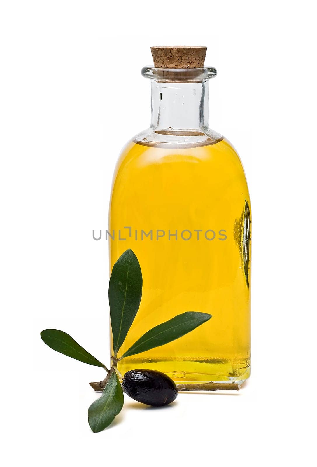 Virgin olive oil and olives isolated on a white background.