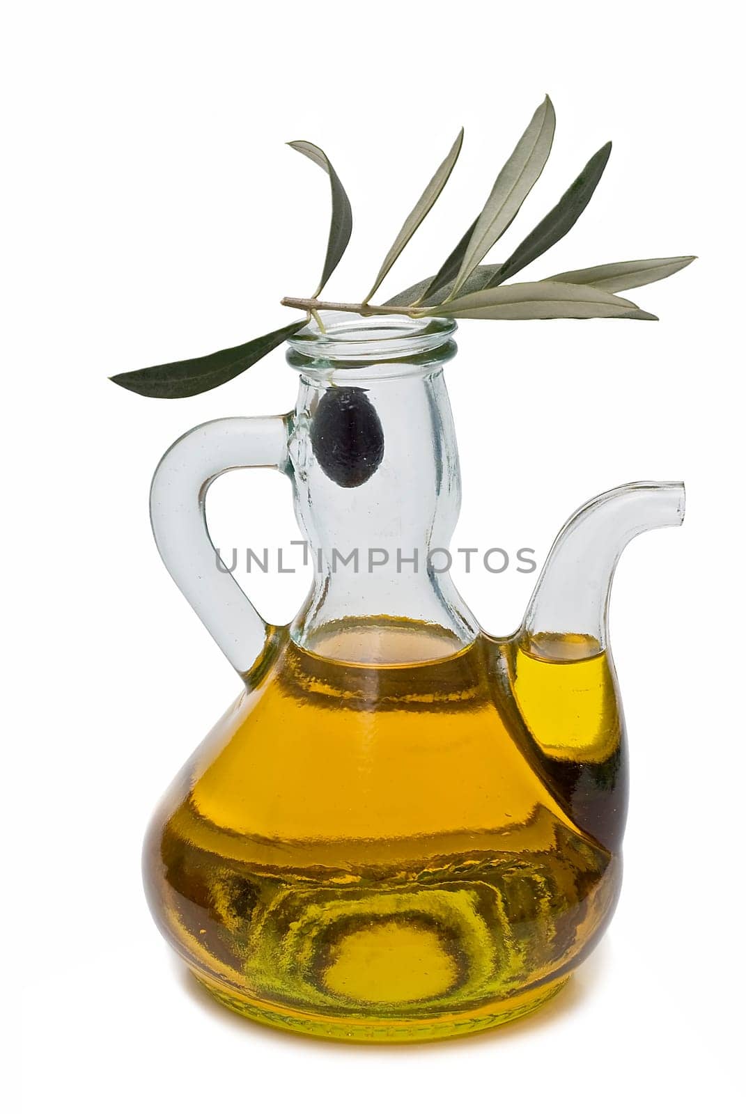 Virgin olive oil and olives isolated on a white background.