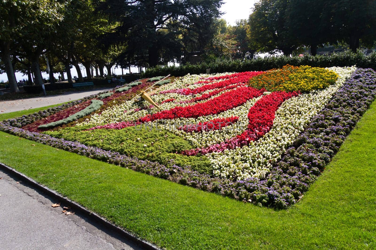 Garden clock and avenue with flowers,Montreux,Lake Geneva