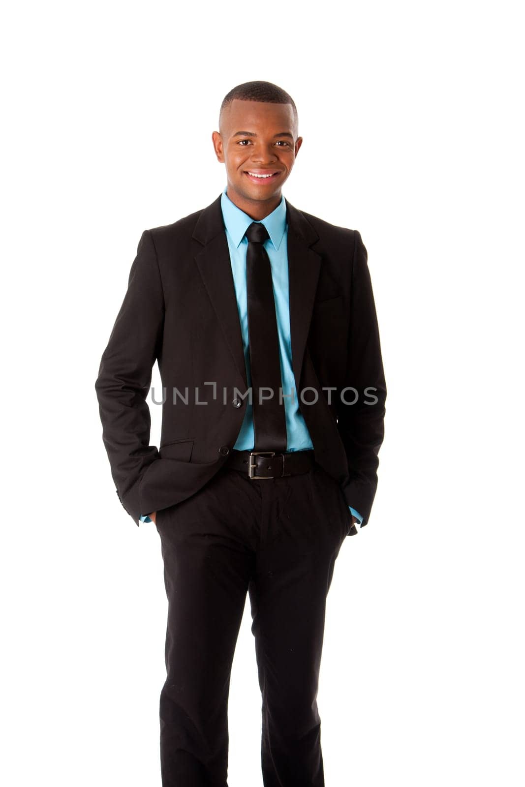 Happy handsome successful executive corporate business man manager foreman standing with hands in pocket, isolated.