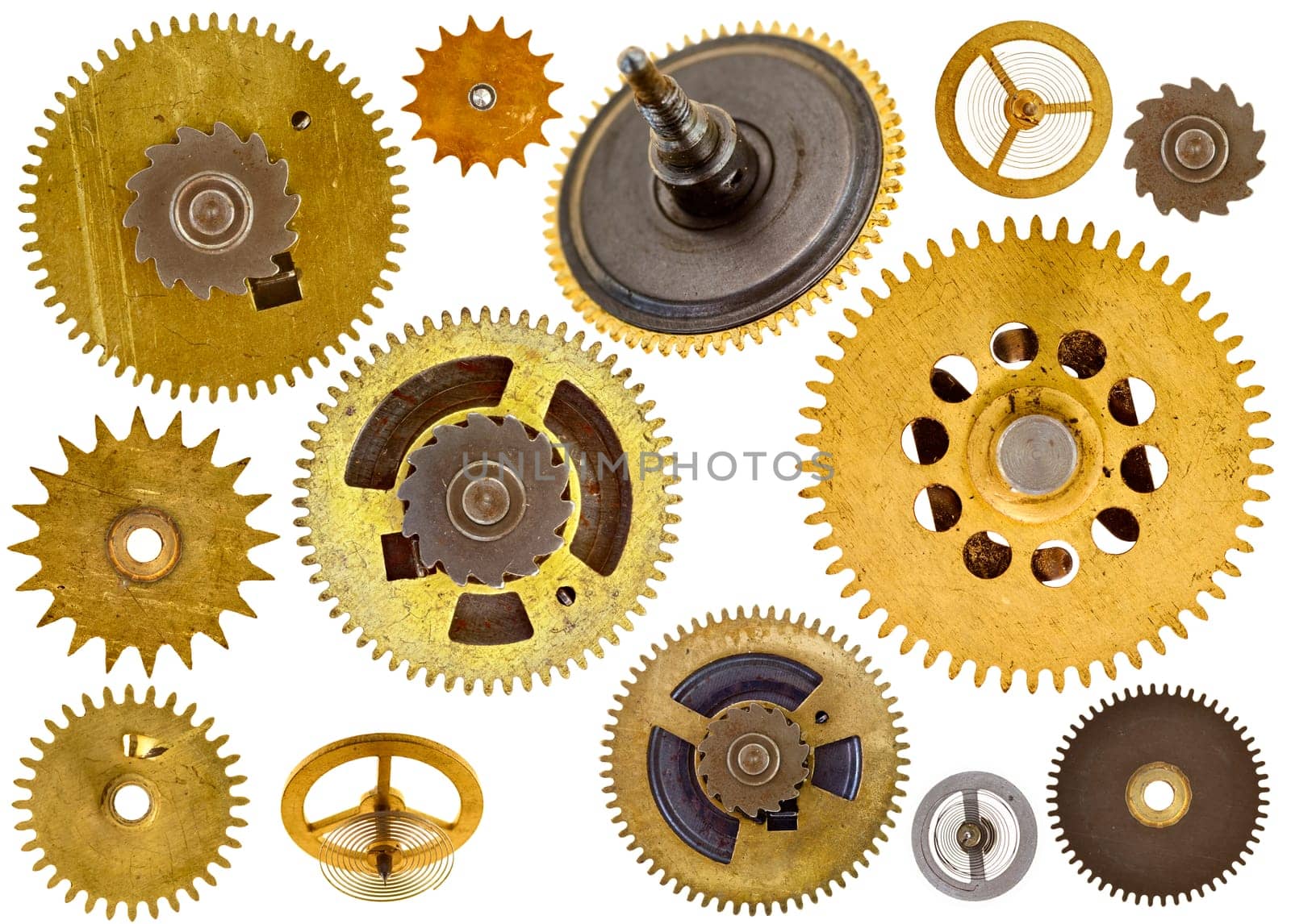 Collection of various old cogwheels - gears - on white background