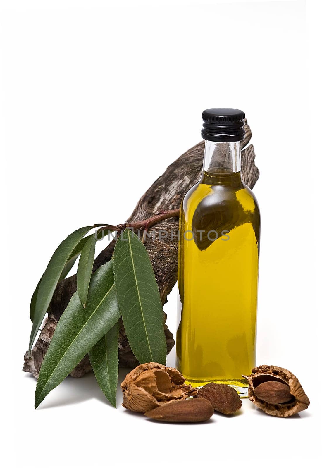 Almonds and a bottle of almond oil isolated over a white background.