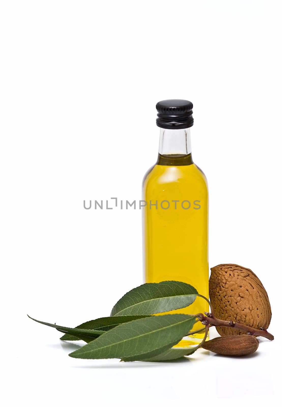 Almonds and a bottle of almond oil isolated over a white background.