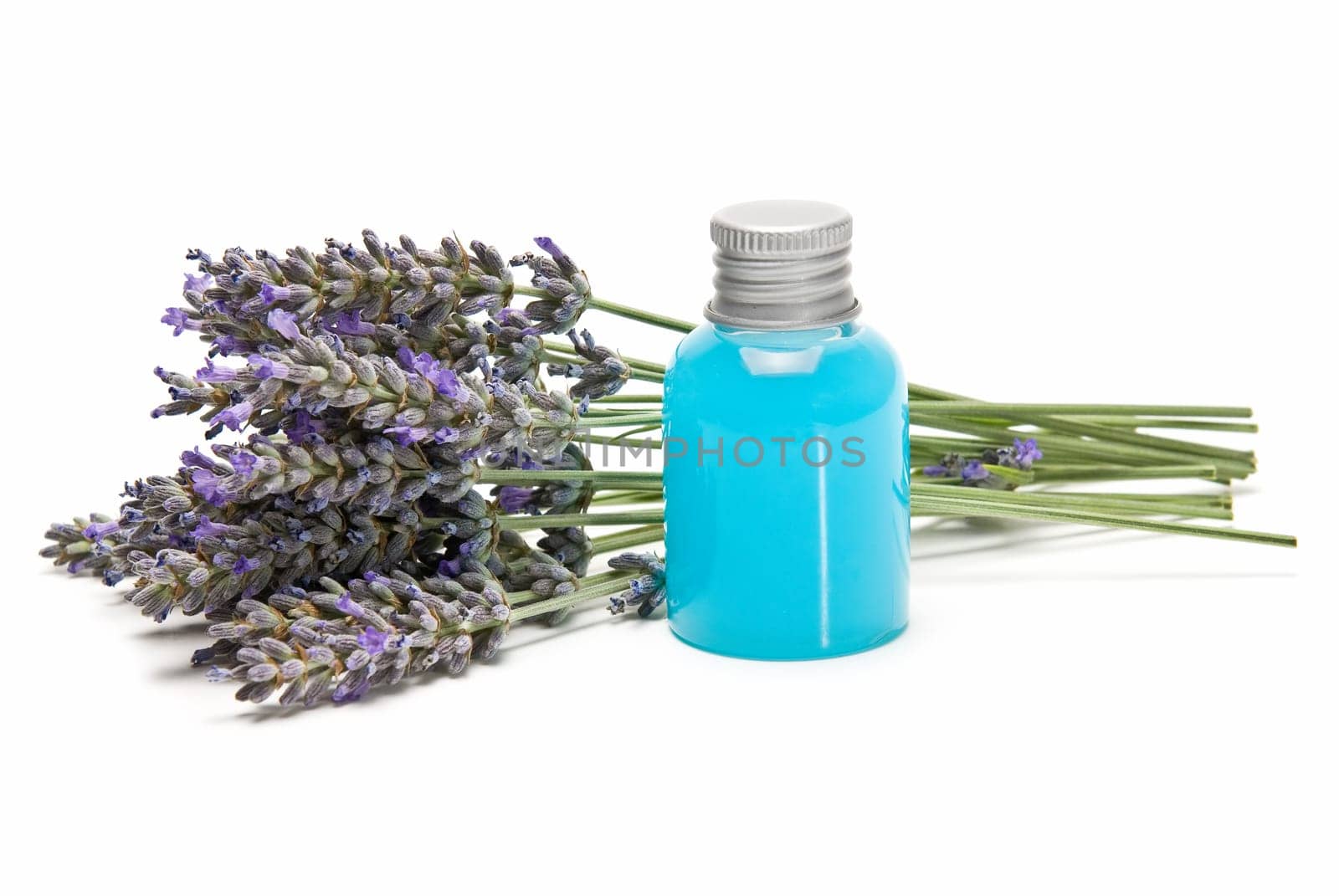 Lavender and hygiene items made of lavender isolated on a white background.